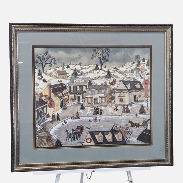 a vintage christmas village scene framed painting