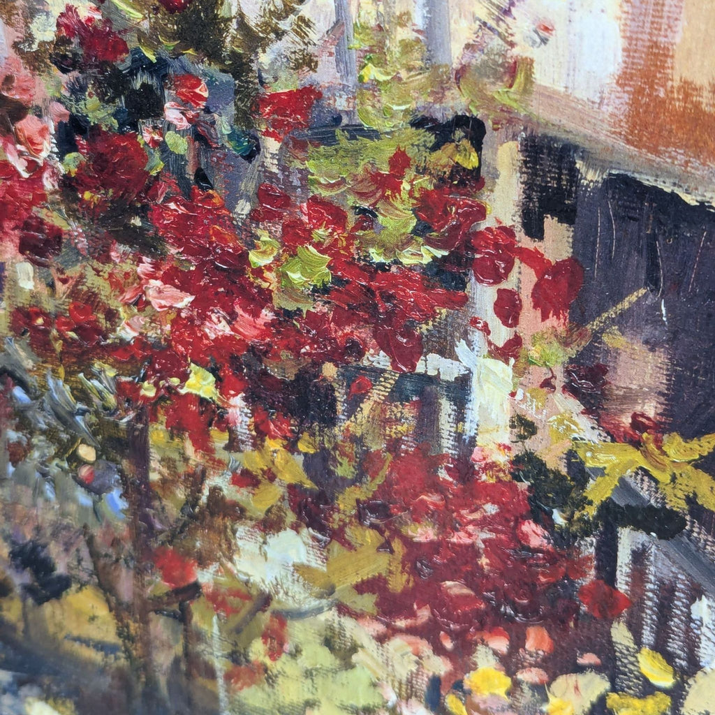 a painting of a building with red flowers