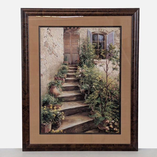 framed oil painting of a stone staircase with flowers and plants