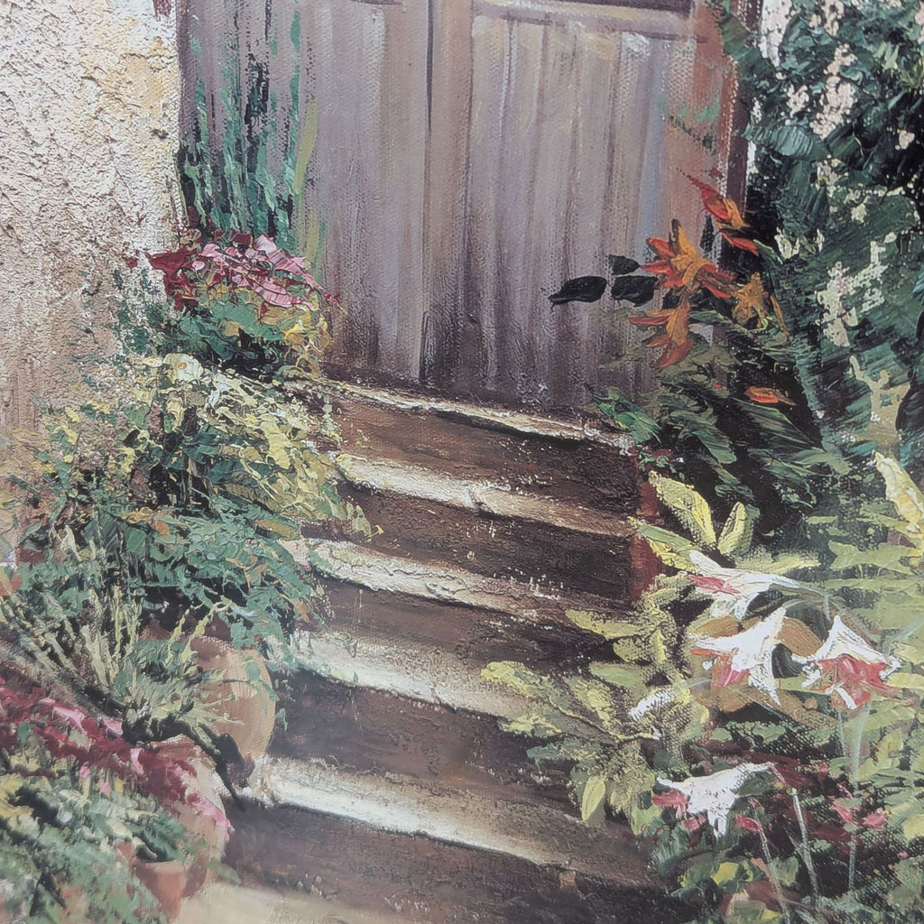 a painting of a wooden door and a garden