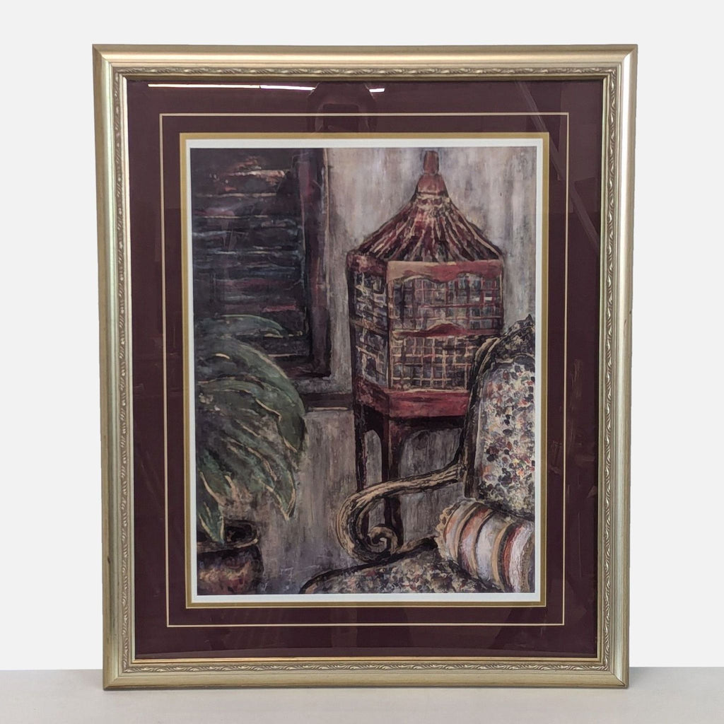 a framed oil painting of a birdcage