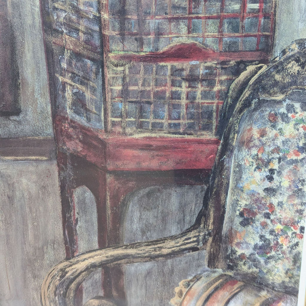 a painting of a chair with a basket in it