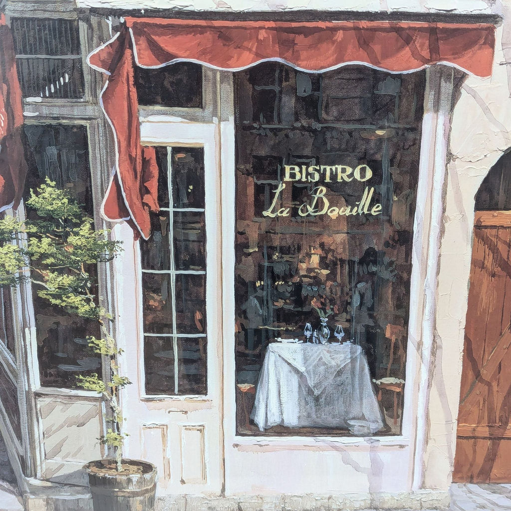 a painting of a restaurant with a red curtain and a window with a table and a potted