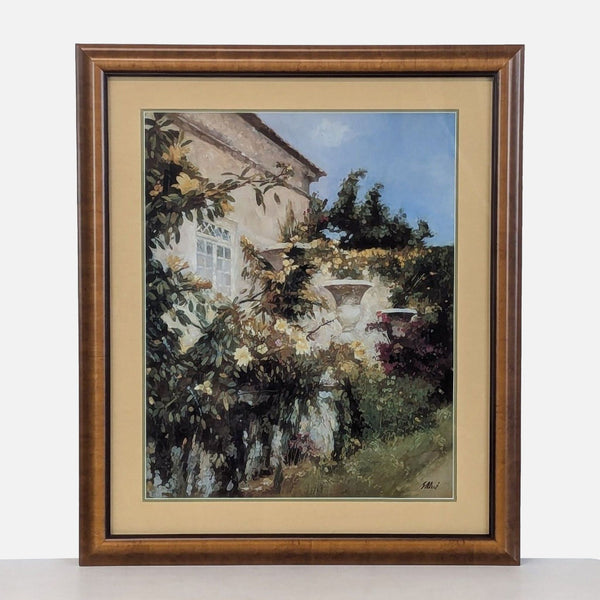 framed oil painting of a house in the garden