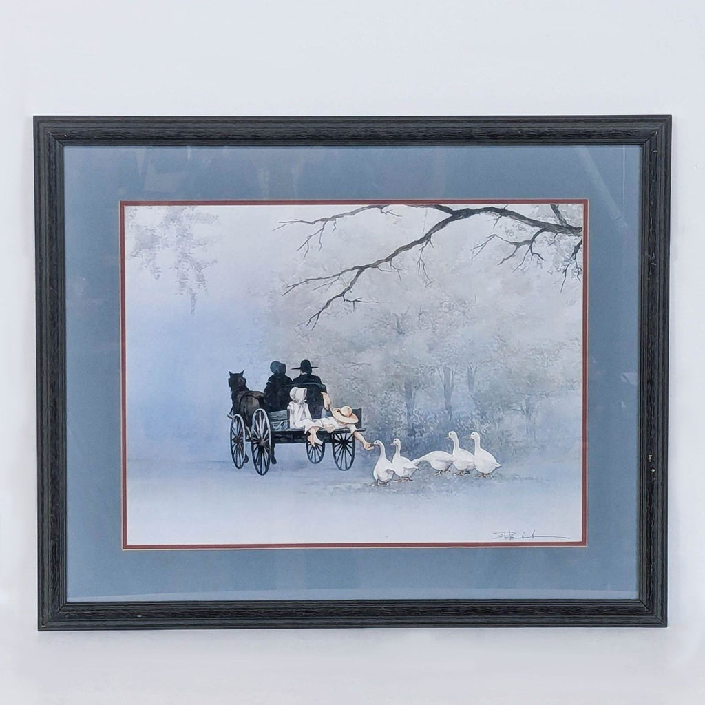 a framed print of a horse and buggy with a couple in a carriage.