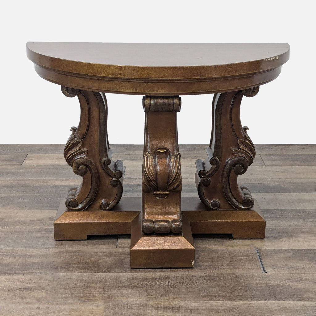 1. Reperch side table with a carved wooden base, featuring ornate scrollwork and a demi-lune top.