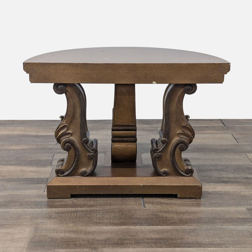 3. Back view of the Reperch side and console table showing symmetrical carved base and solid wood construction.