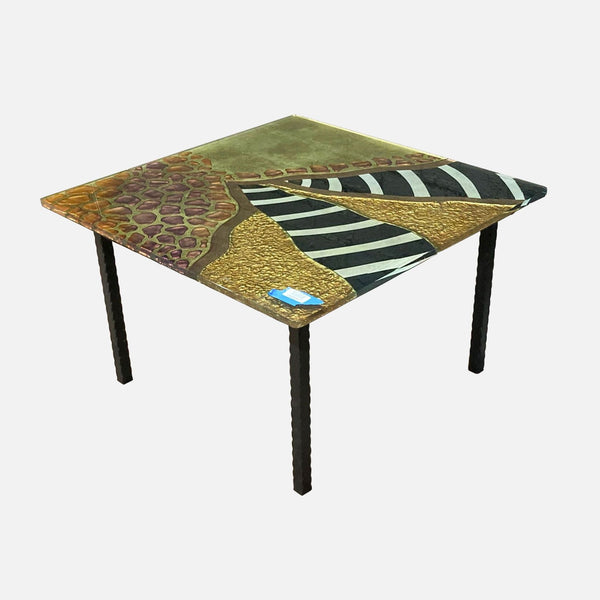 a table with a geometric pattern