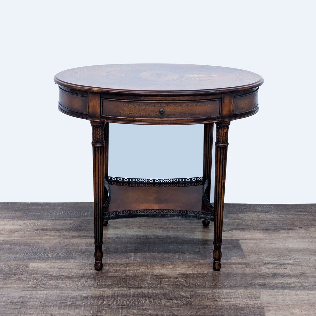 a round mahogany side table with a round top and a round top.