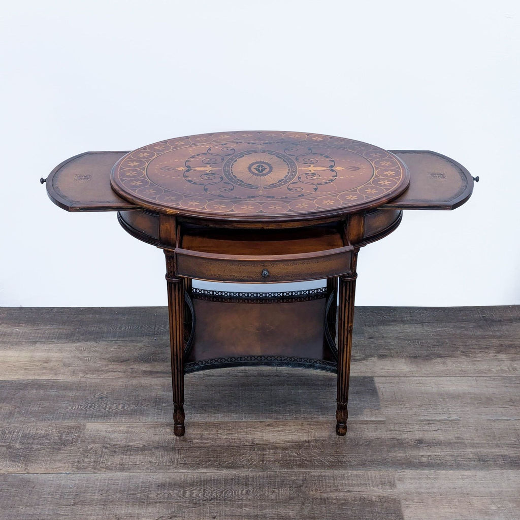 a [ unused0 ] style mahogany coffee table with a round top and a leather seat.