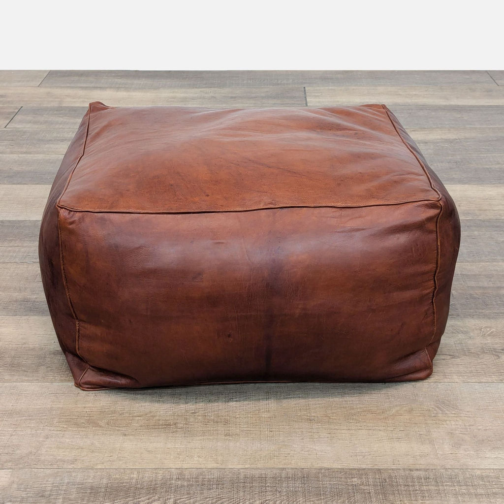 Rustic Brown Leather Pouf Ottoman