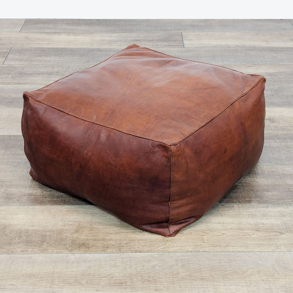Rustic Brown Leather Pouf Ottoman