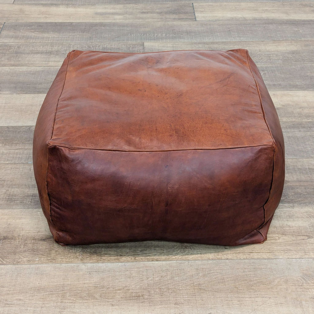 Rustic Brown Leather Pouf Ottoman