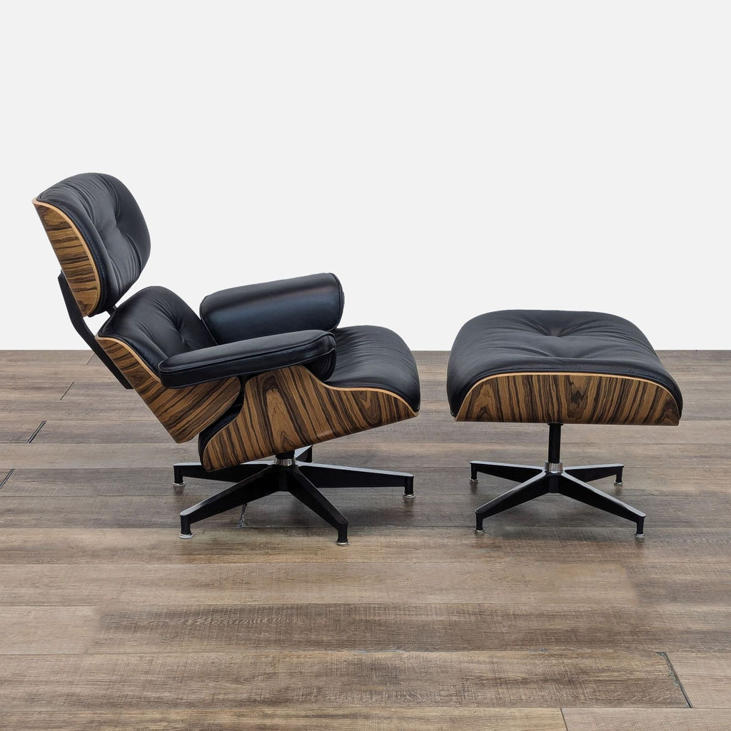 a pair of lounge chairs with a black leather ottoman and a black leather ottoman.