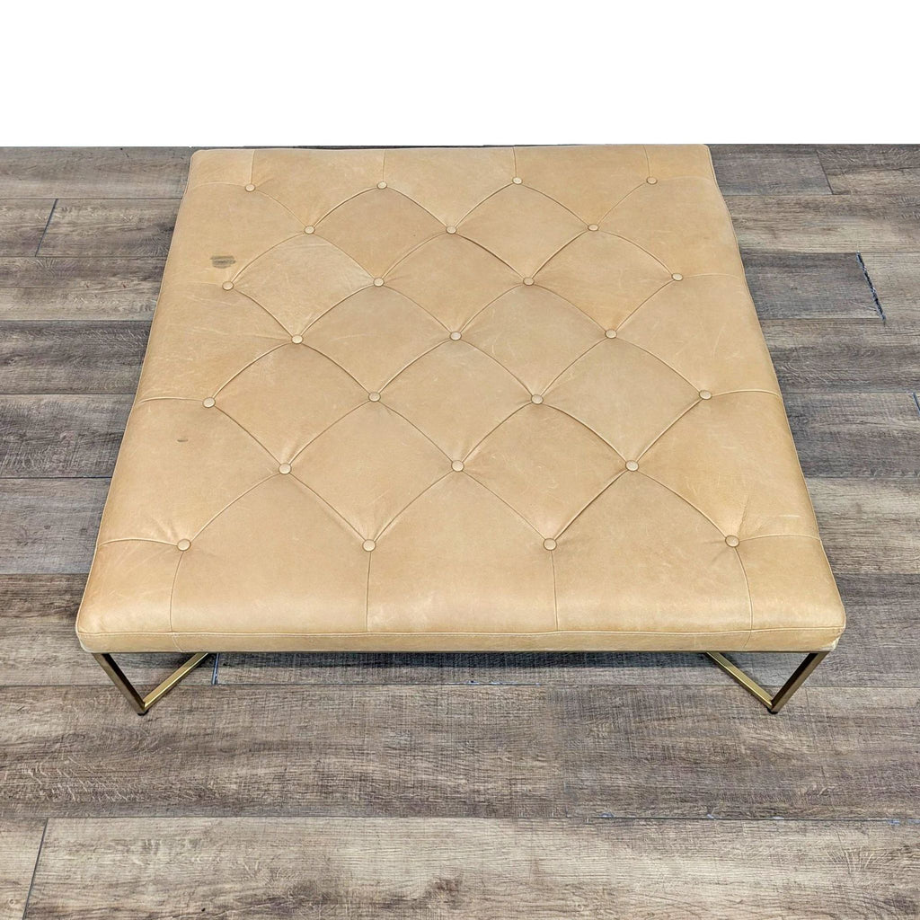 Transitional Tan Leather Square Ottoman with Tufting