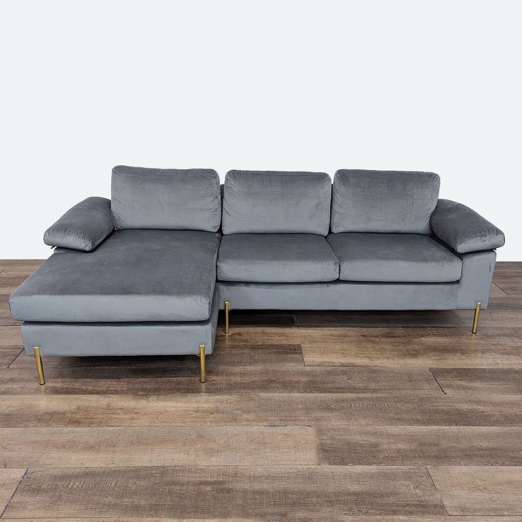 Modern Gray Velvet Sectional Sofa with Gold Legs