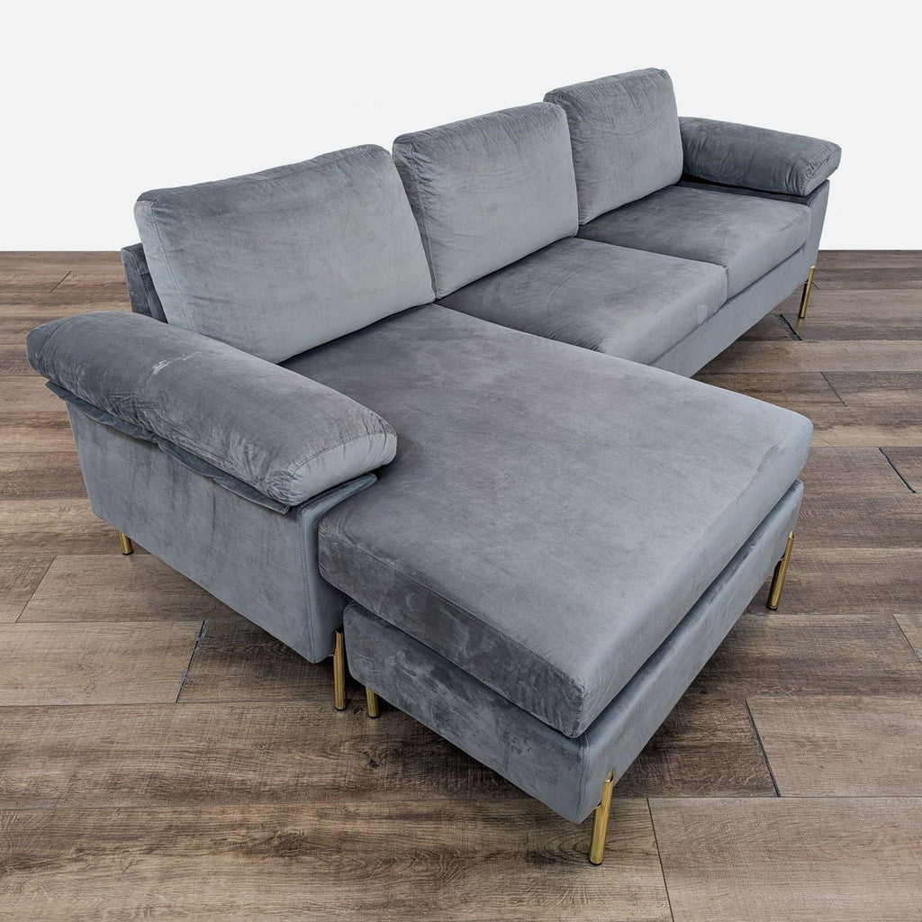 Modern Gray Velvet Sectional Sofa with Gold Legs