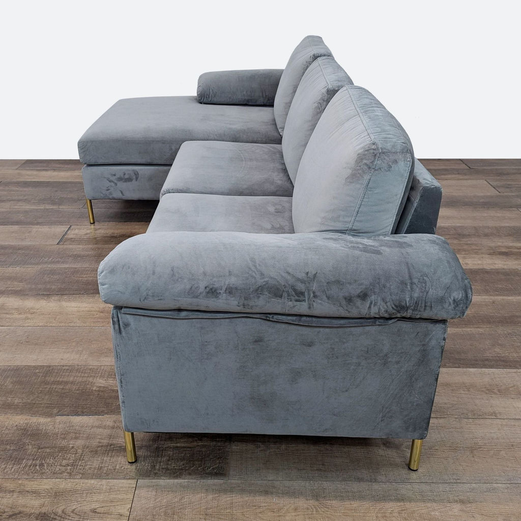 Modern Gray Velvet Sectional Sofa with Gold Legs