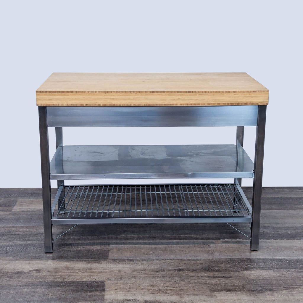 Stainless Steel Kitchen Island with Bamboo Top and Storage