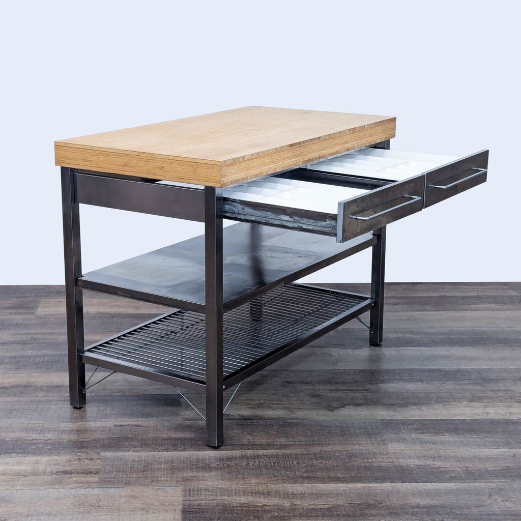 the industrial style metal and wood desk with drawers