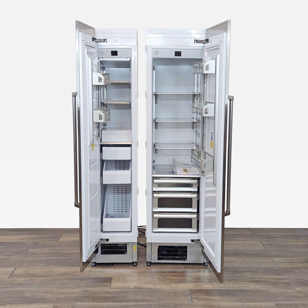 Open Bertazzoni freezers showing spacious interior storage.
