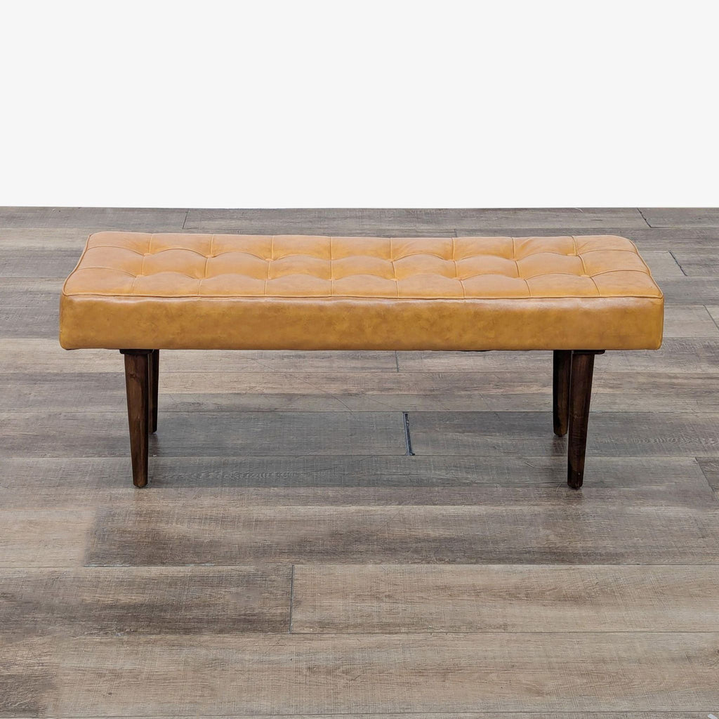 Mid-Century Modern Faux Leather Bench with Wood Legs