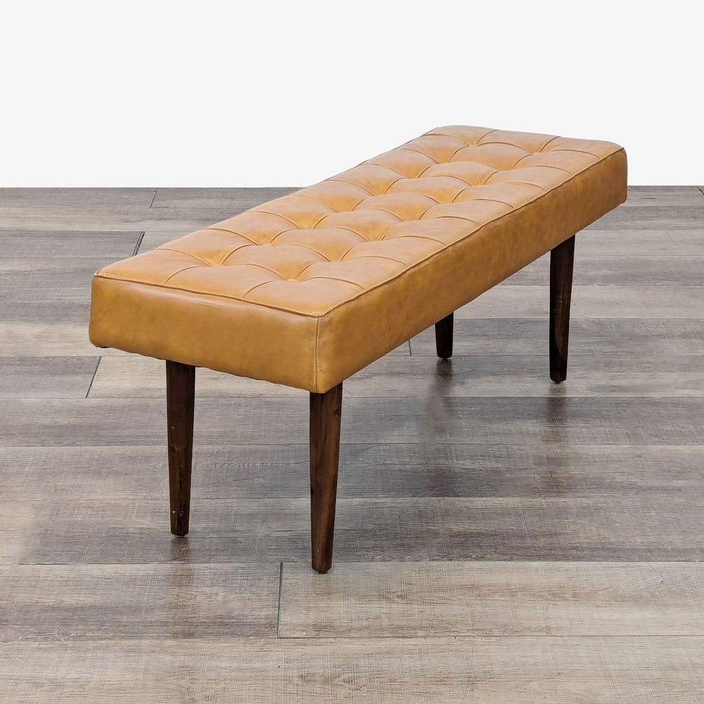 Mid-Century Modern Faux Leather Bench with Wood Legs