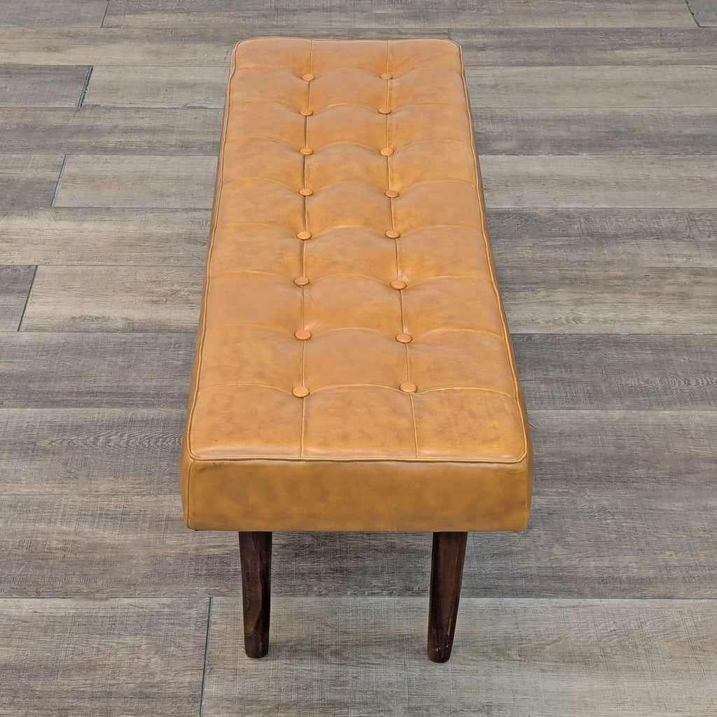 Mid-Century Modern Faux Leather Bench with Wood Legs