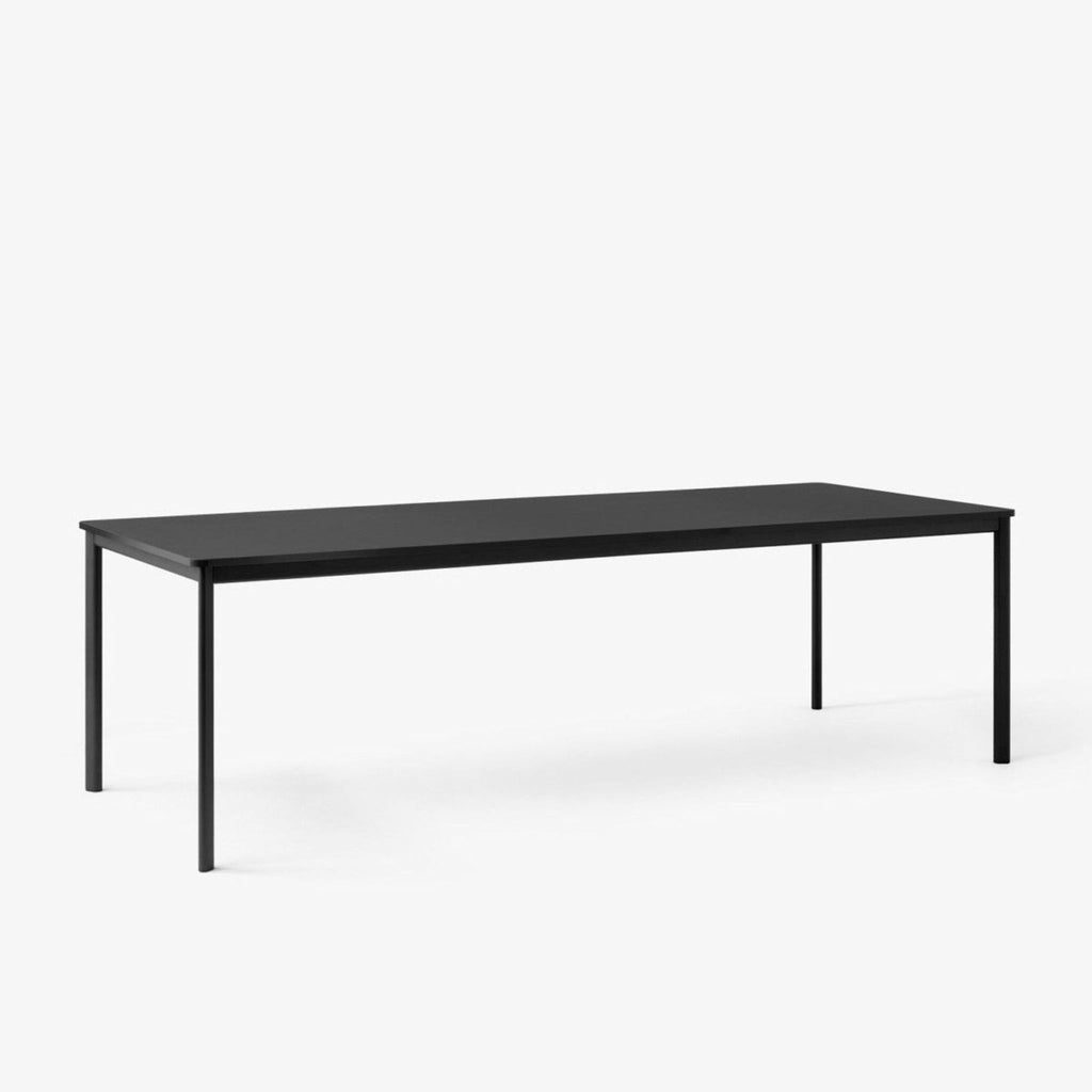 a black table with a black metal frame.