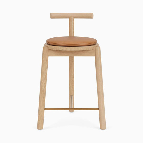 a close up of a stool with a wooden seat.