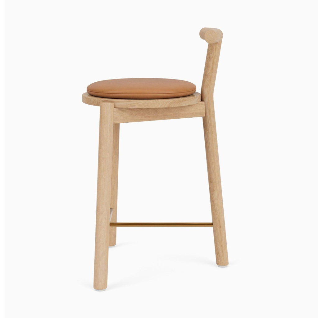 a close up of a stool with a wooden seat.