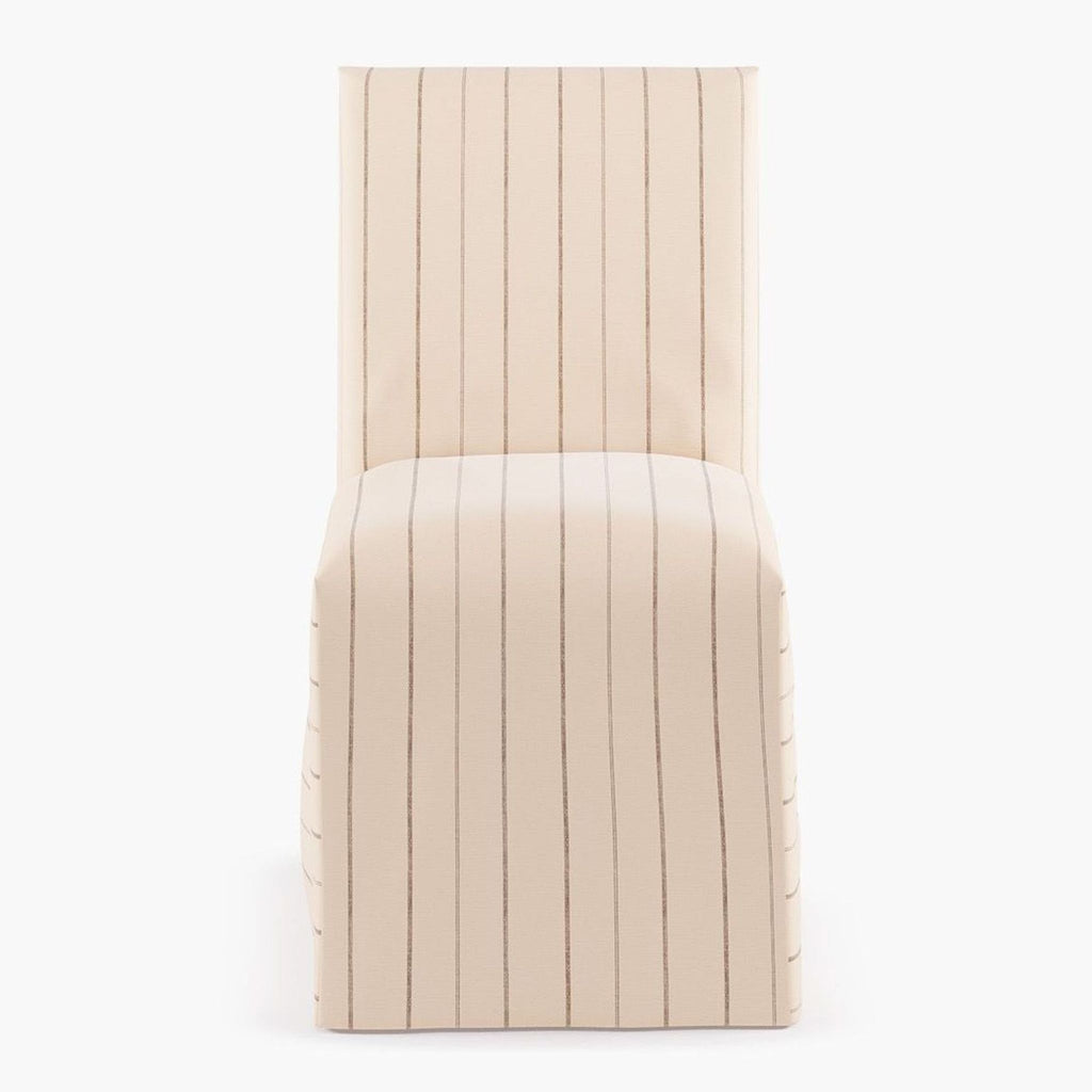 a beige chair with a beige striped seat.