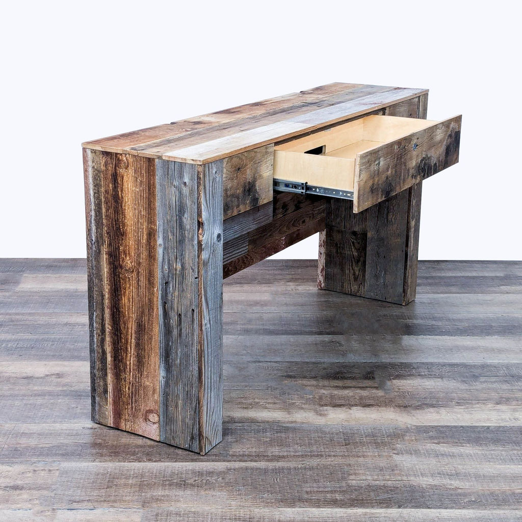 a wooden table with a drawer