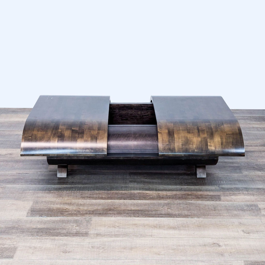 a modern coffee table with a dark brown finish.