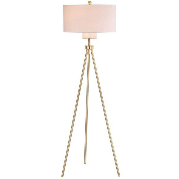 the tripod floor lamp is a modern, contemporary design with a brass base and a pink shade