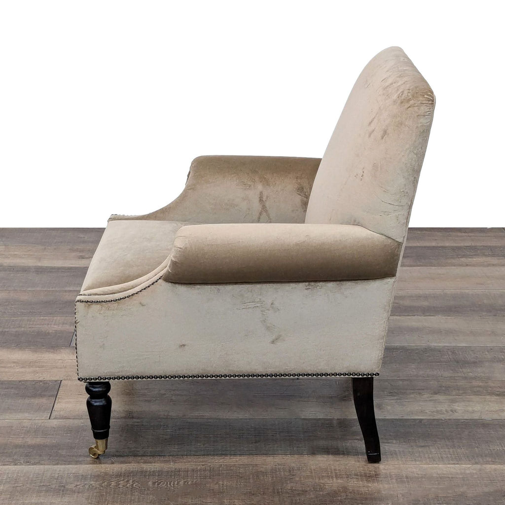 Tan Velvet Lounge Chair with Rolled Arms