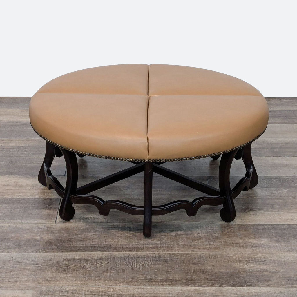 Round Leather Ottoman with Wood Base