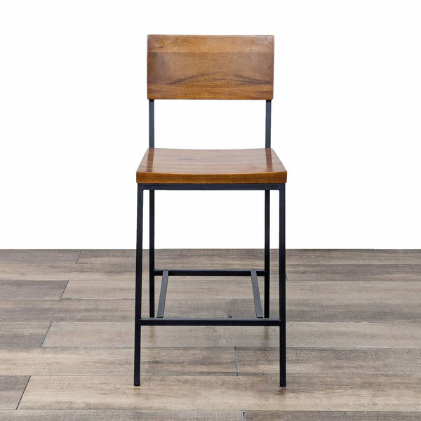 the industrial bar stool is made from reclaimed wood and features a steel frame and a metal frame.