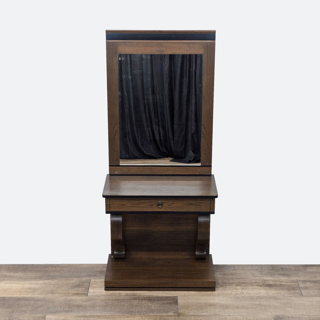 a large, antique, antique, victorian - style dressing table with a mirror and a black curtain