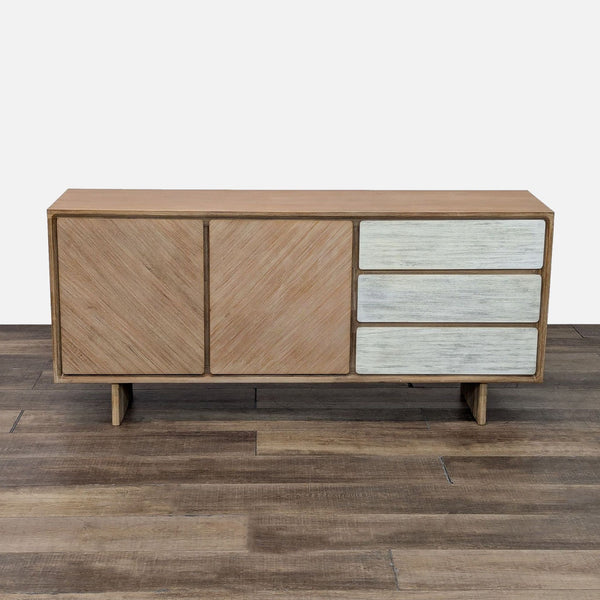 the sideboard is made of solid wood with a light brown finish.