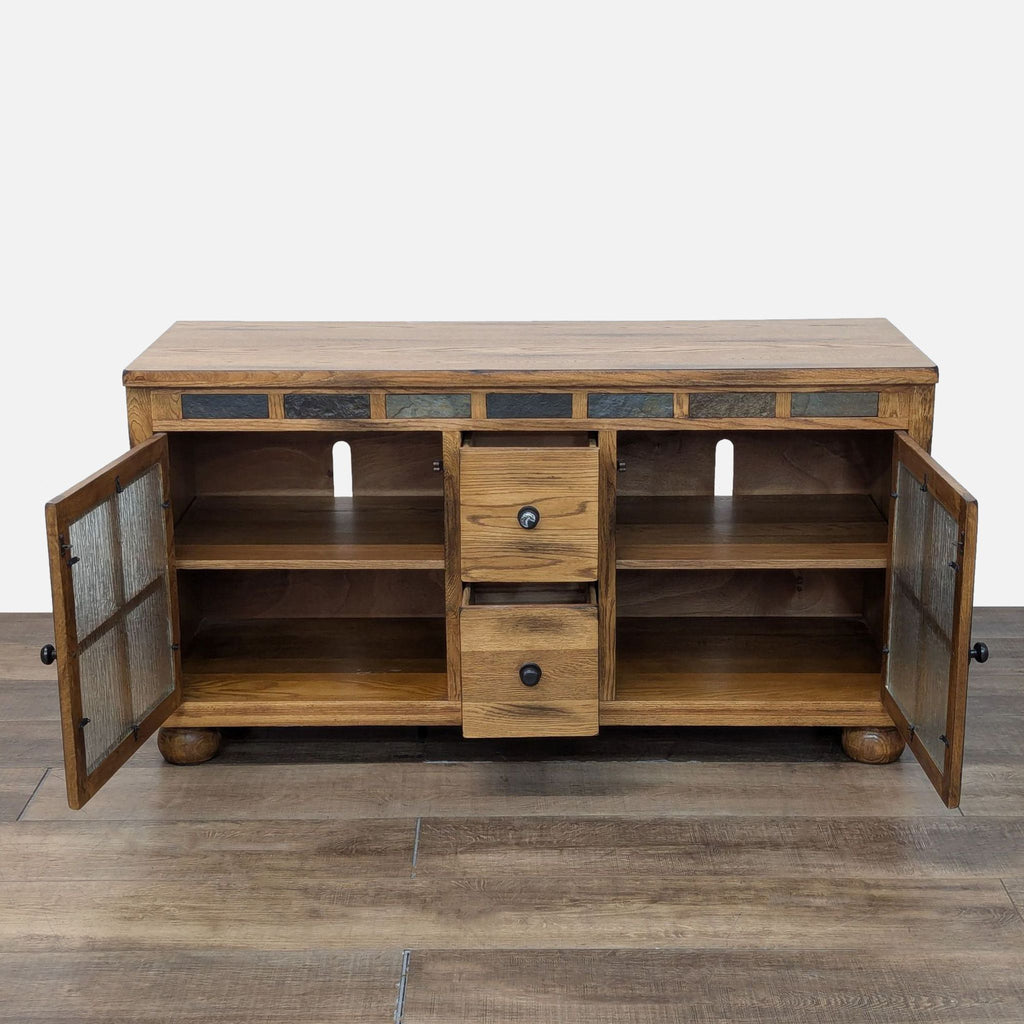 a large, solid wood coffee table with a glass top and a glass top.