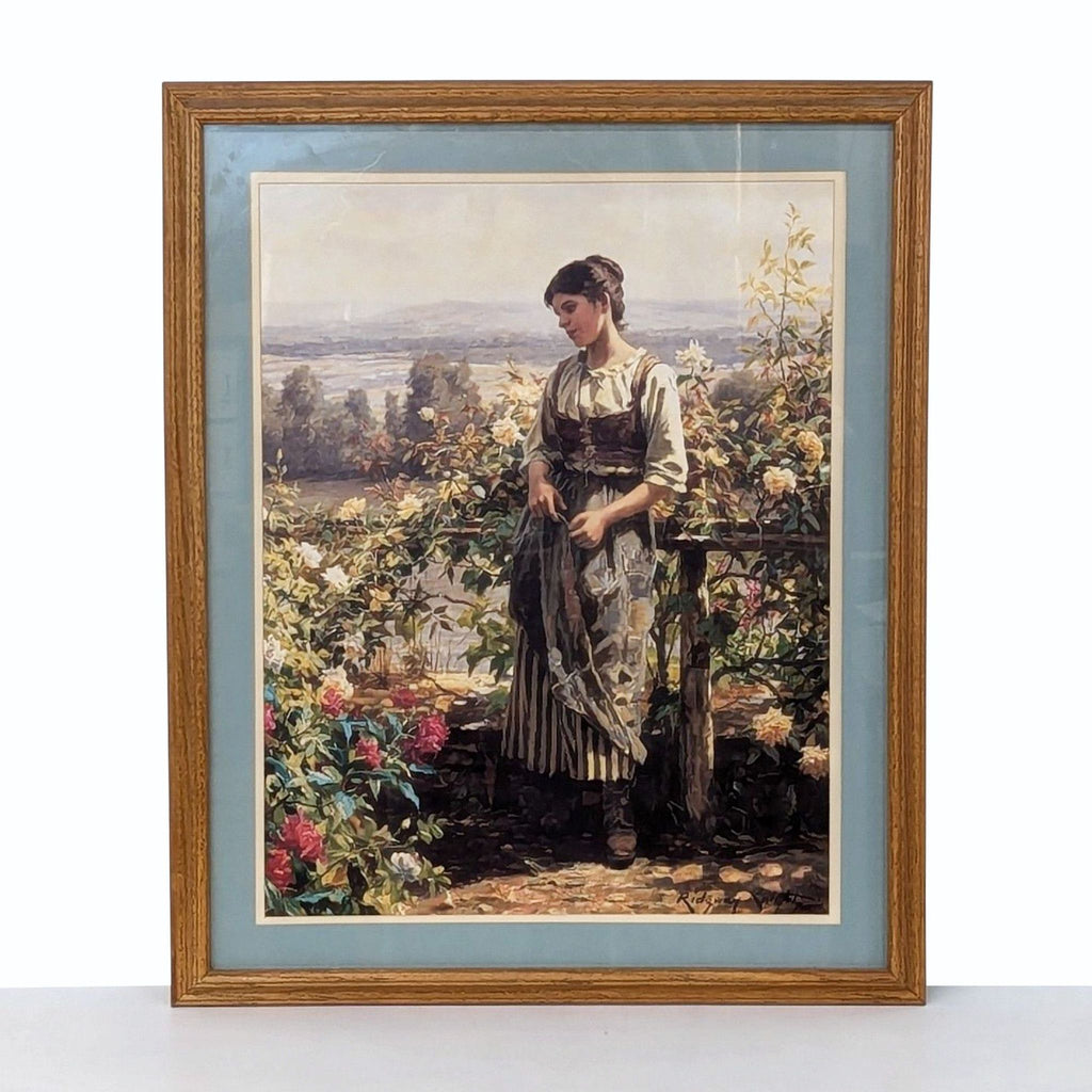 1. Framed art print titled "Ray of Sunshine" by Daniel Ridgeway, featuring a woman in a garden setting.