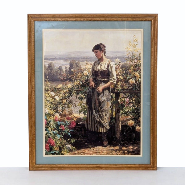 framed oil painting of a woman in a garden