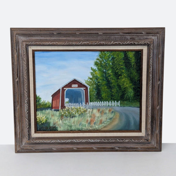 oil painting of a red barn on a country road