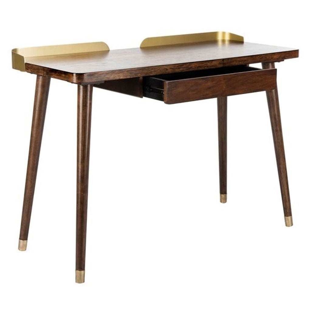 the desk in walnut with brass handles.