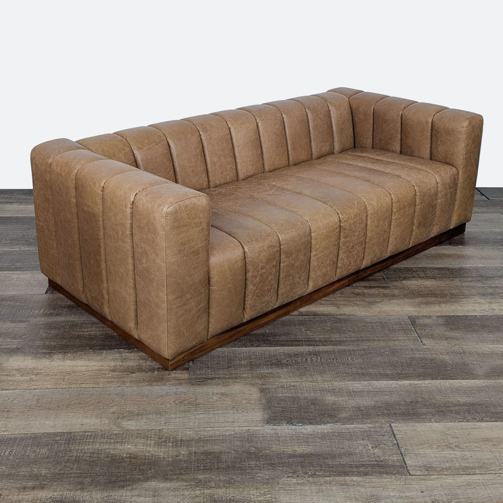 Forte 81" Channeled Saddle Leather Sofa With Walnut Base By CB2