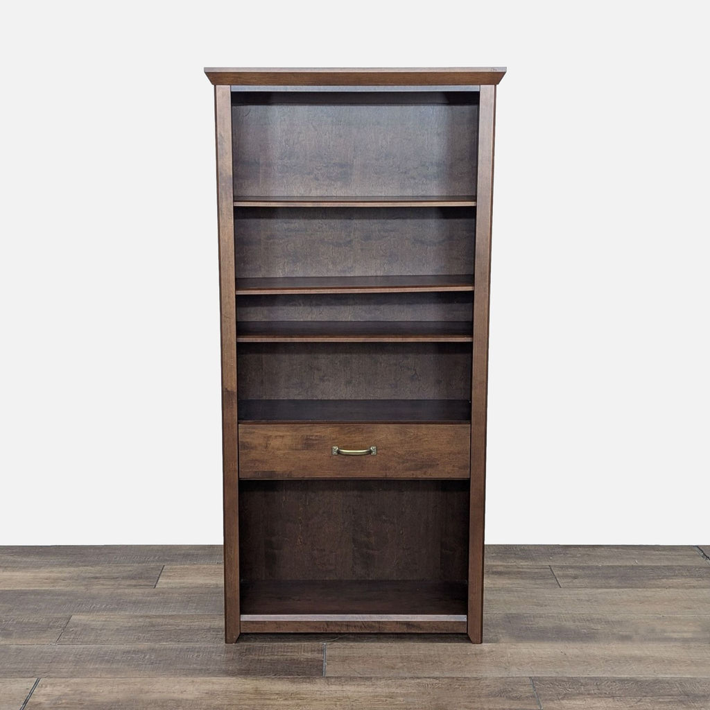 a wooden shelf with a wooden cabinet on top 