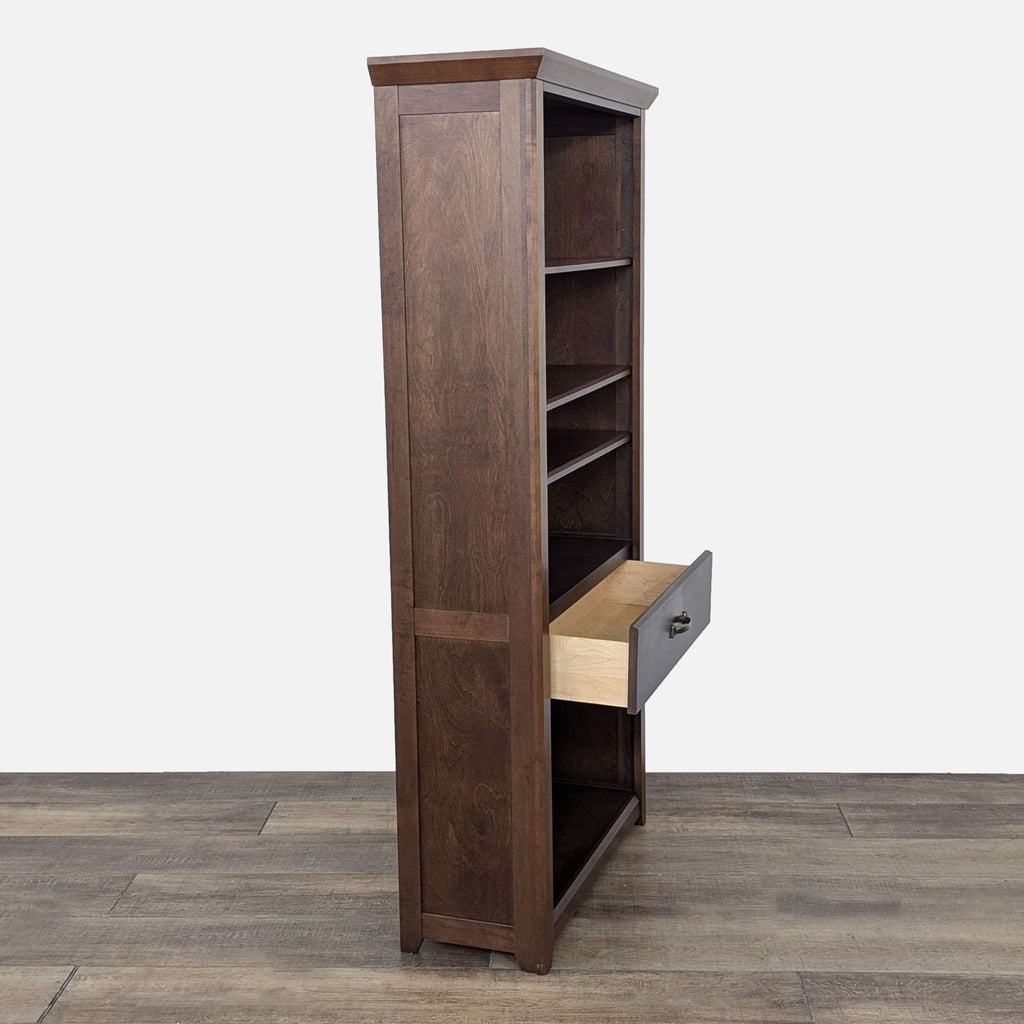 a wooden cabinet with a wooden shelf on top 