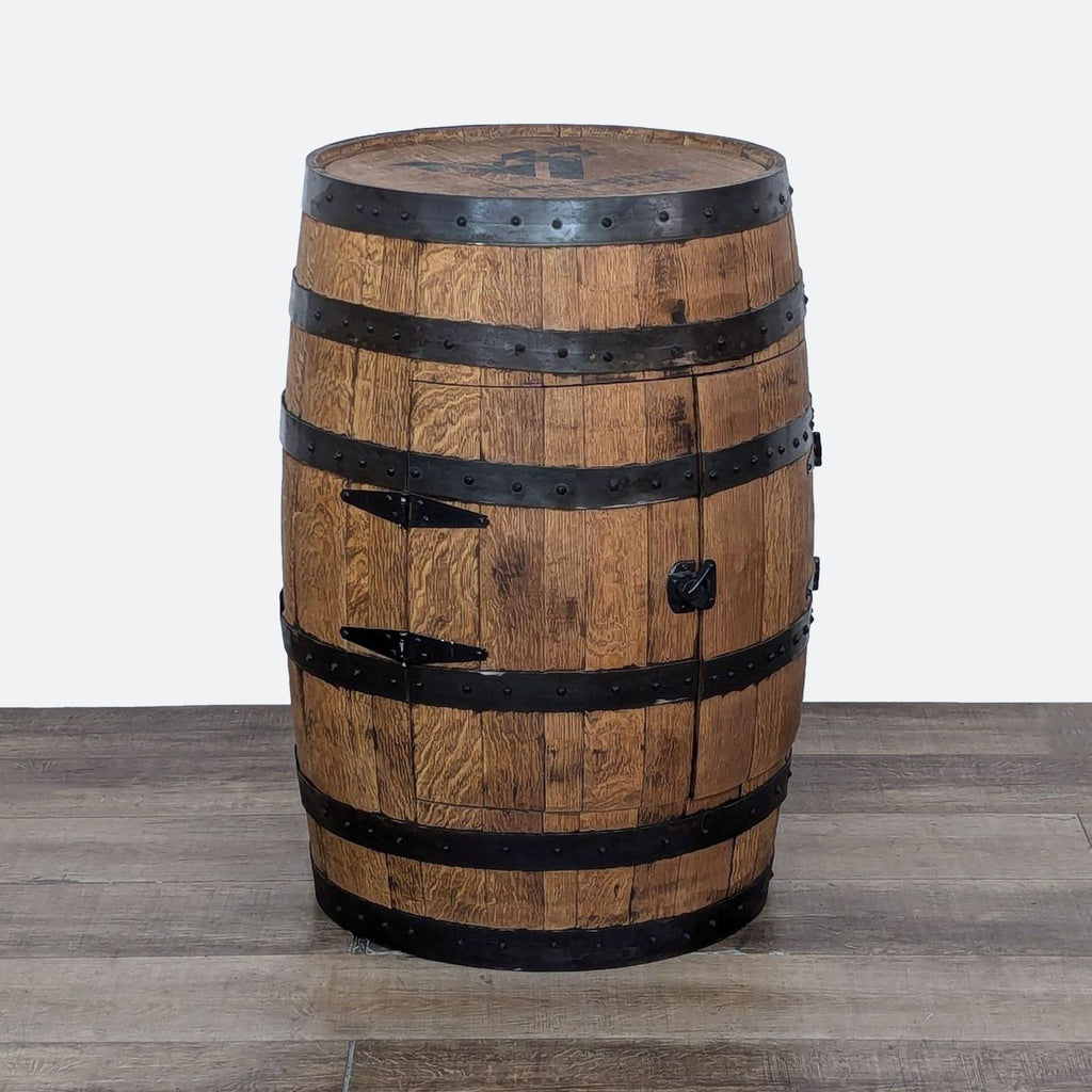 a rustic oak barrel table with leather straps