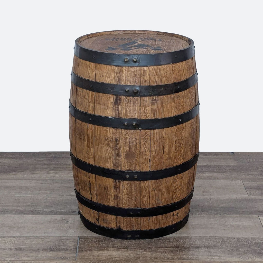 a vintage whiskey barrel side table